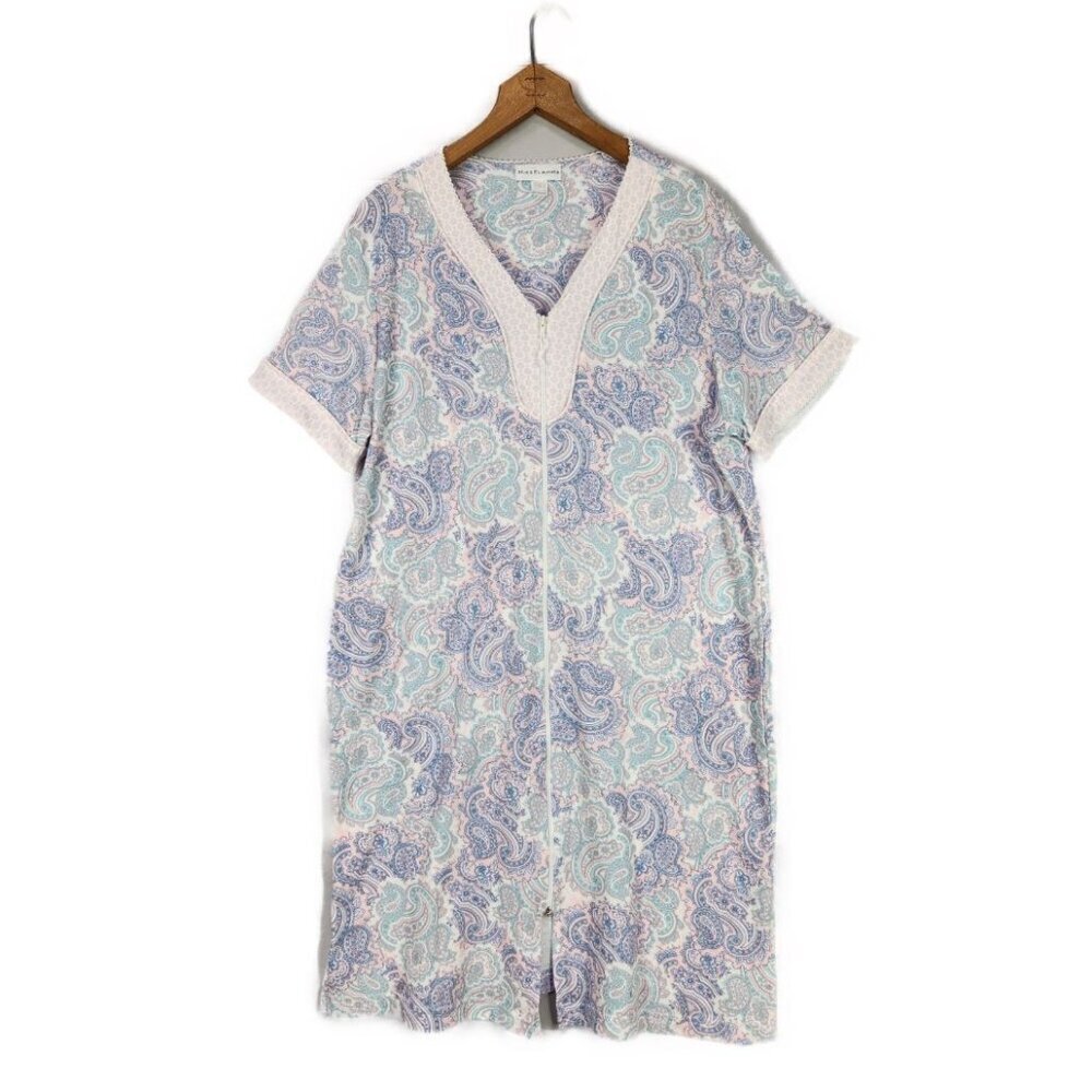 Miss Elaine Knit Full Zip Nightgown Women's L Paisley Blue Pink Short Sleeve